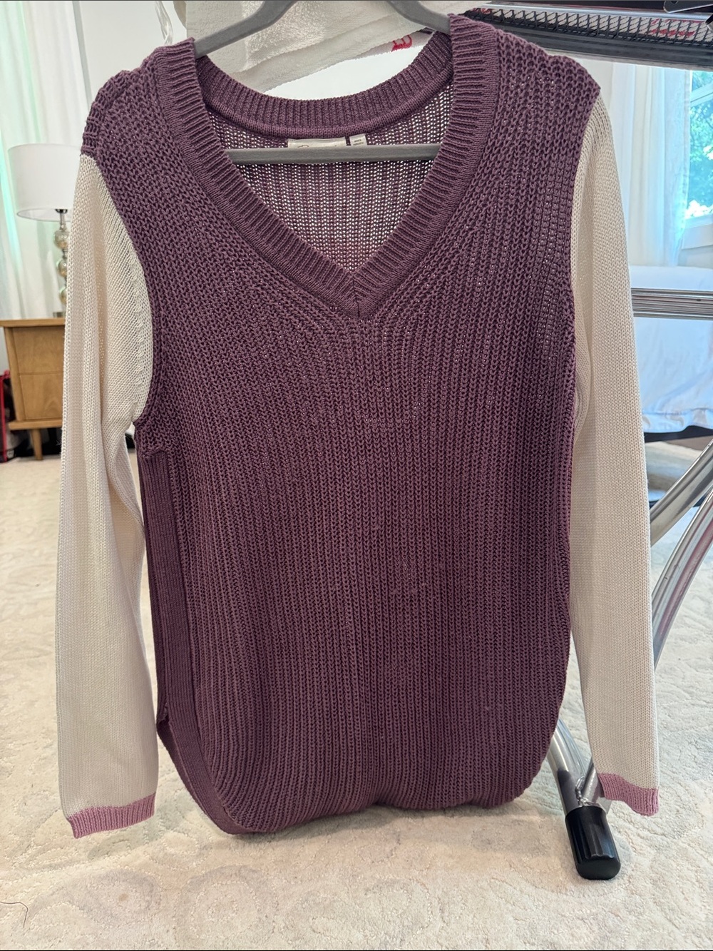 RD Style Two-Tone V-Neck Knit Sweater Vest in Purple with Cream Sleeves
